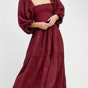 FreePeople Dahlia Embroidered Maxi -Maroon - Large